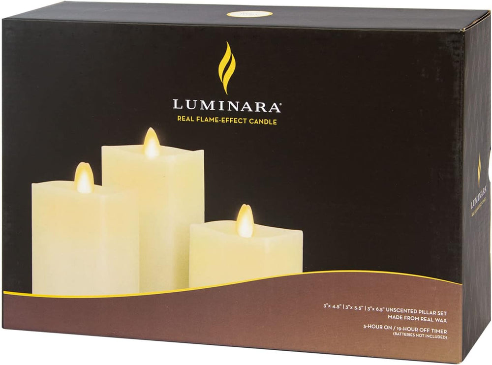 Luminara Realistic Flameless LED Set of 3 Ivory Pillar Candles, Home Safe Mov...
