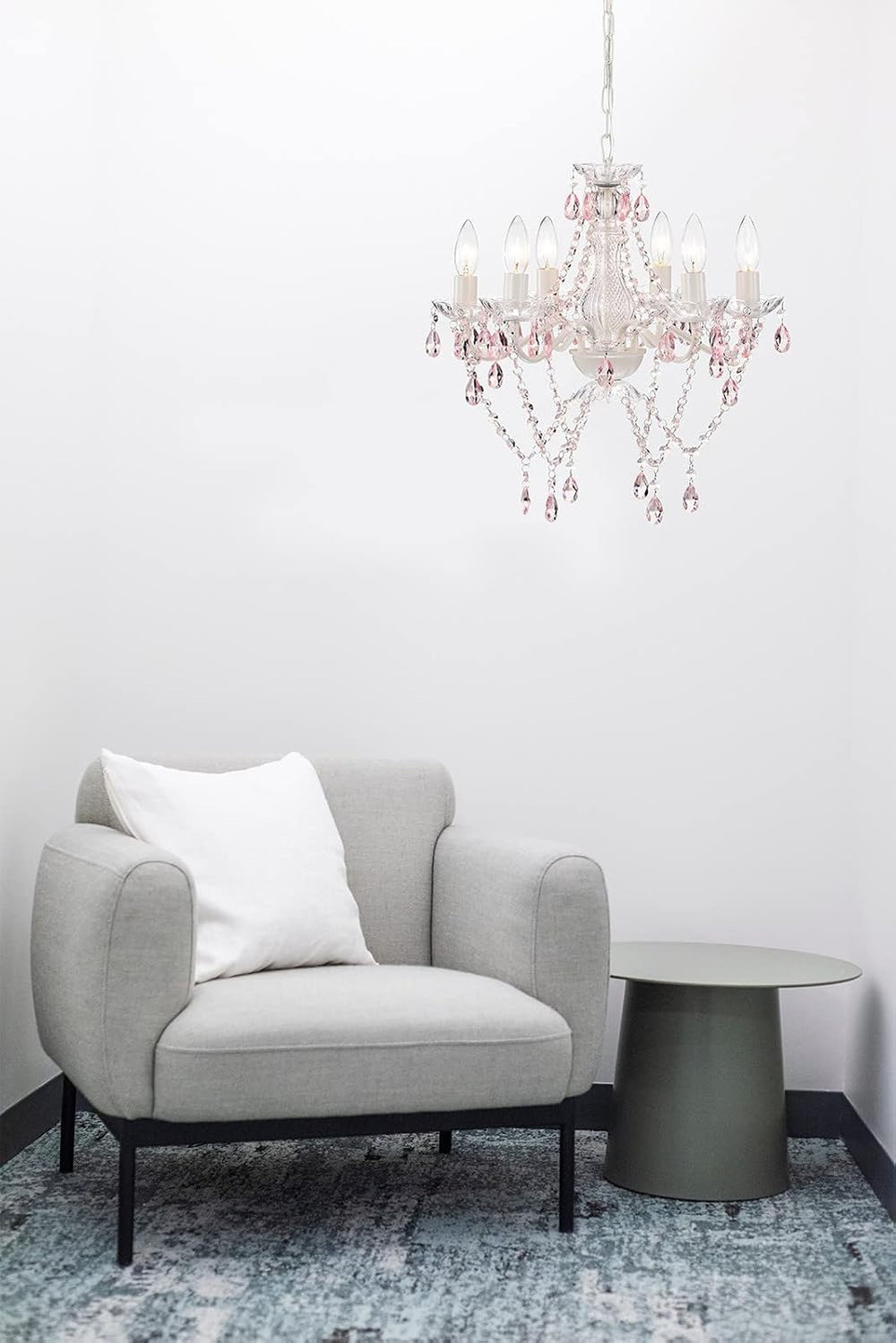 Mr.Color White Chandeliers Pink Crystal Chandelier Lighting Fixture 6 Light C...