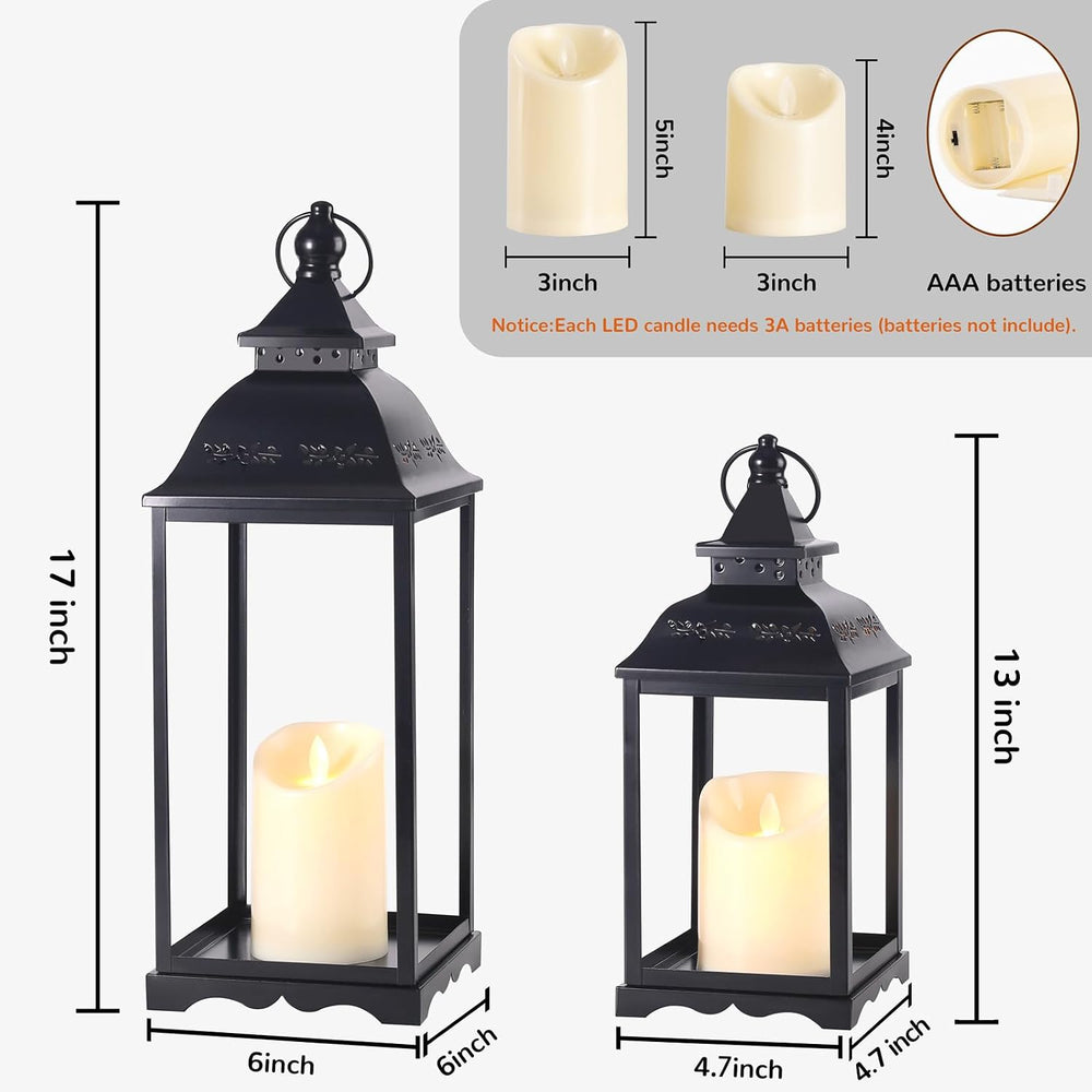 Decorative Metal Lanterns Outdoor Indoor, Set of 2 Black Candle Lanterns