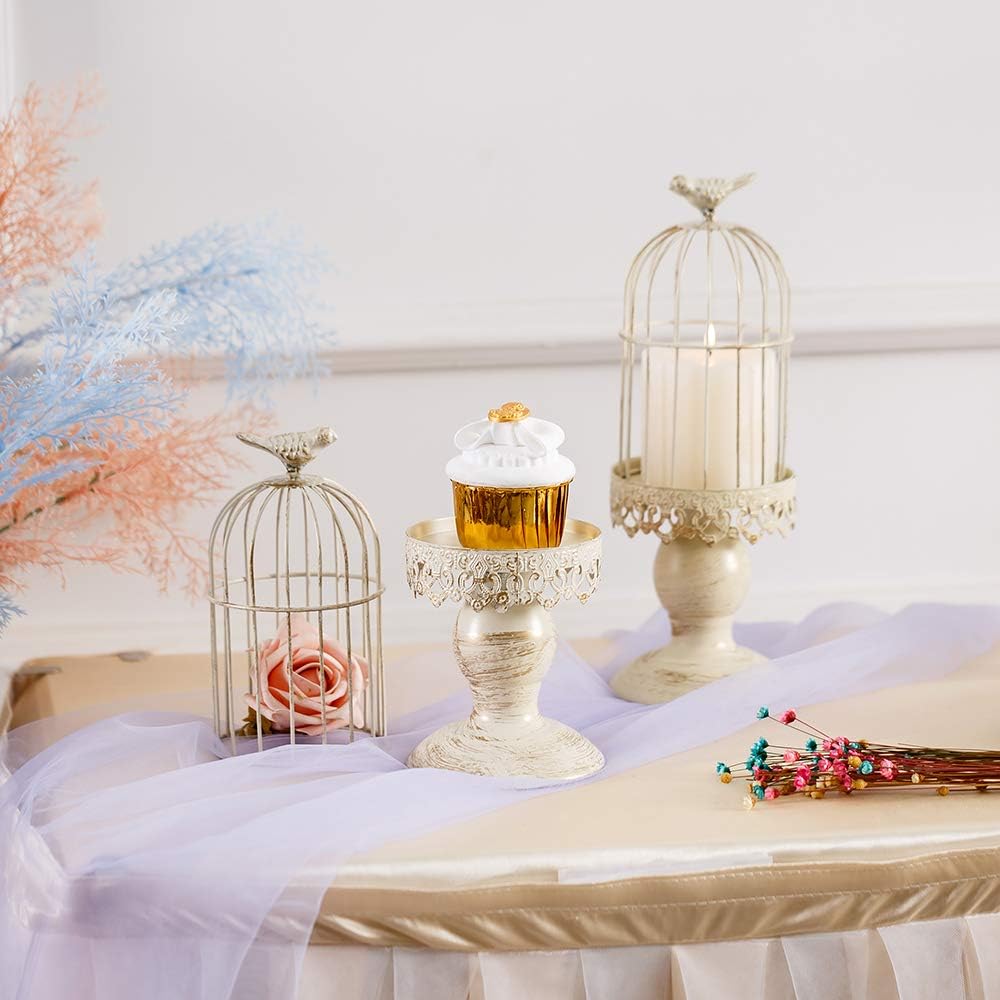 Sziqiqi Birdcage Candle Holders Decorative Set of 2,Distressed Ivory