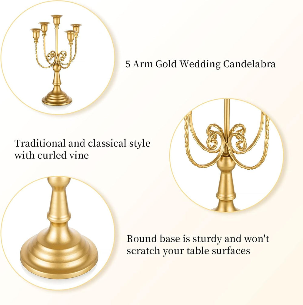 Romadedi Gold 5 Arm 11.8" Candelabra Candle Holders, Set of 2