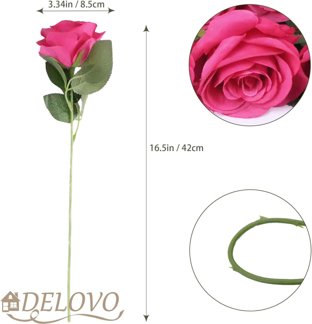 52pcs Hot Pink Roses Artificial Flowers Fake Flowers Silk Roses with Stems fo...