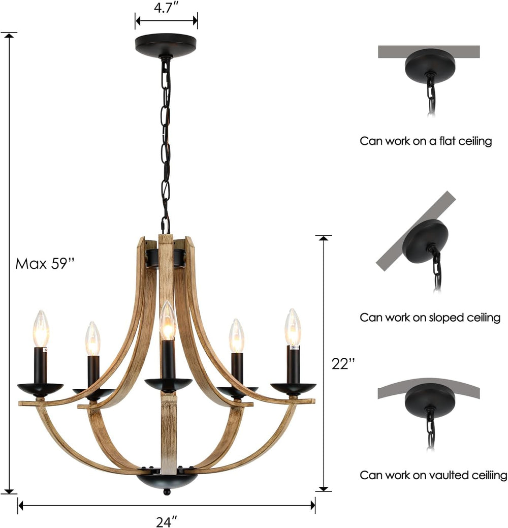 Farmhouse Chandeliers for Dining Room Light Fixture, 5-Light 24 inch Faux Woo...