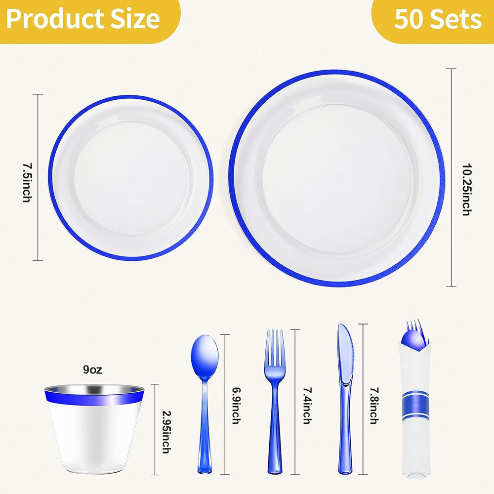 350 Pcs Clear Blue Plastic Plates Disposable for Party 50 Guests