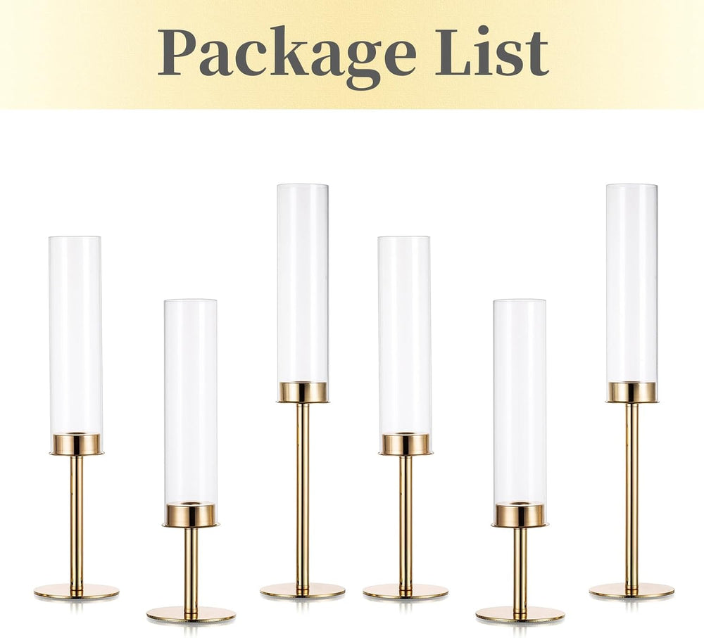 Hewory Gold Candlestick Holders: 6PCS Cylinder Glass Hurricane for Tapers