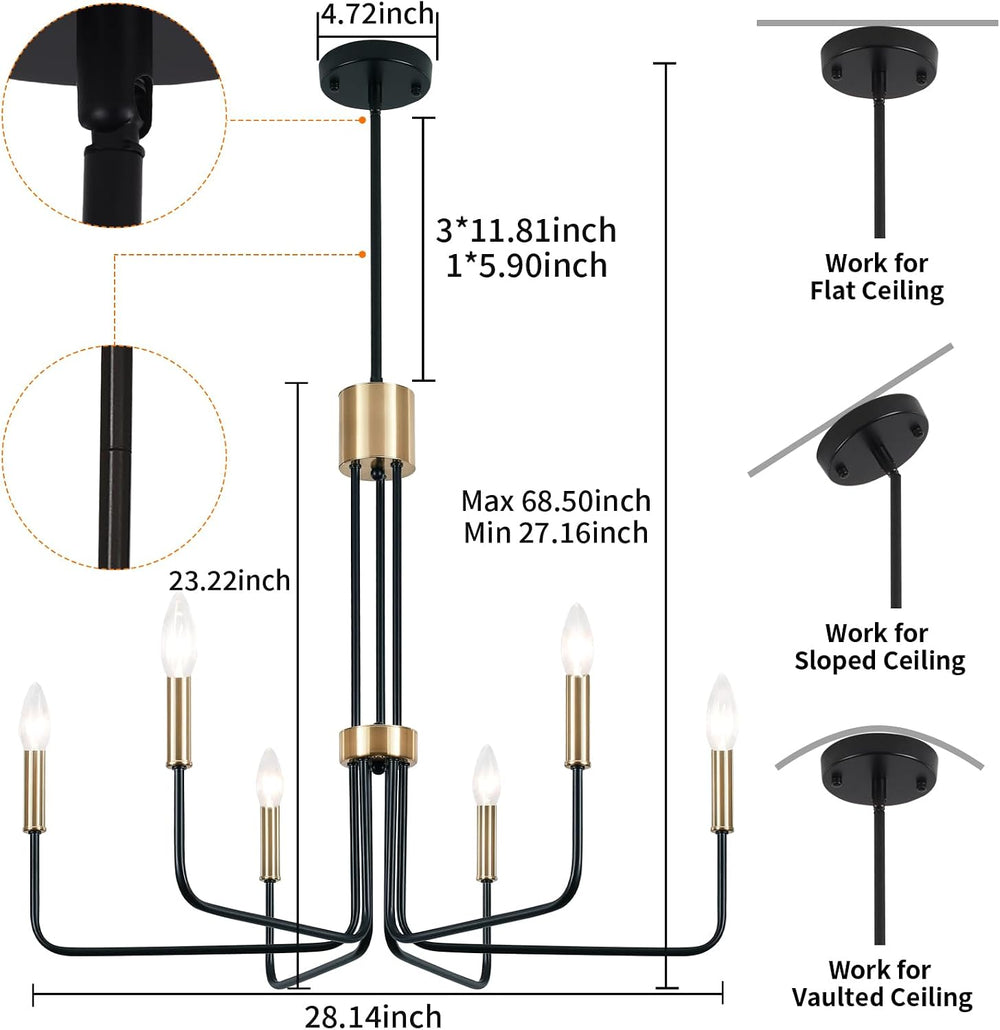 Modern Black and Gold Chandelier 6 Lights Farmhouse Light Fixtures