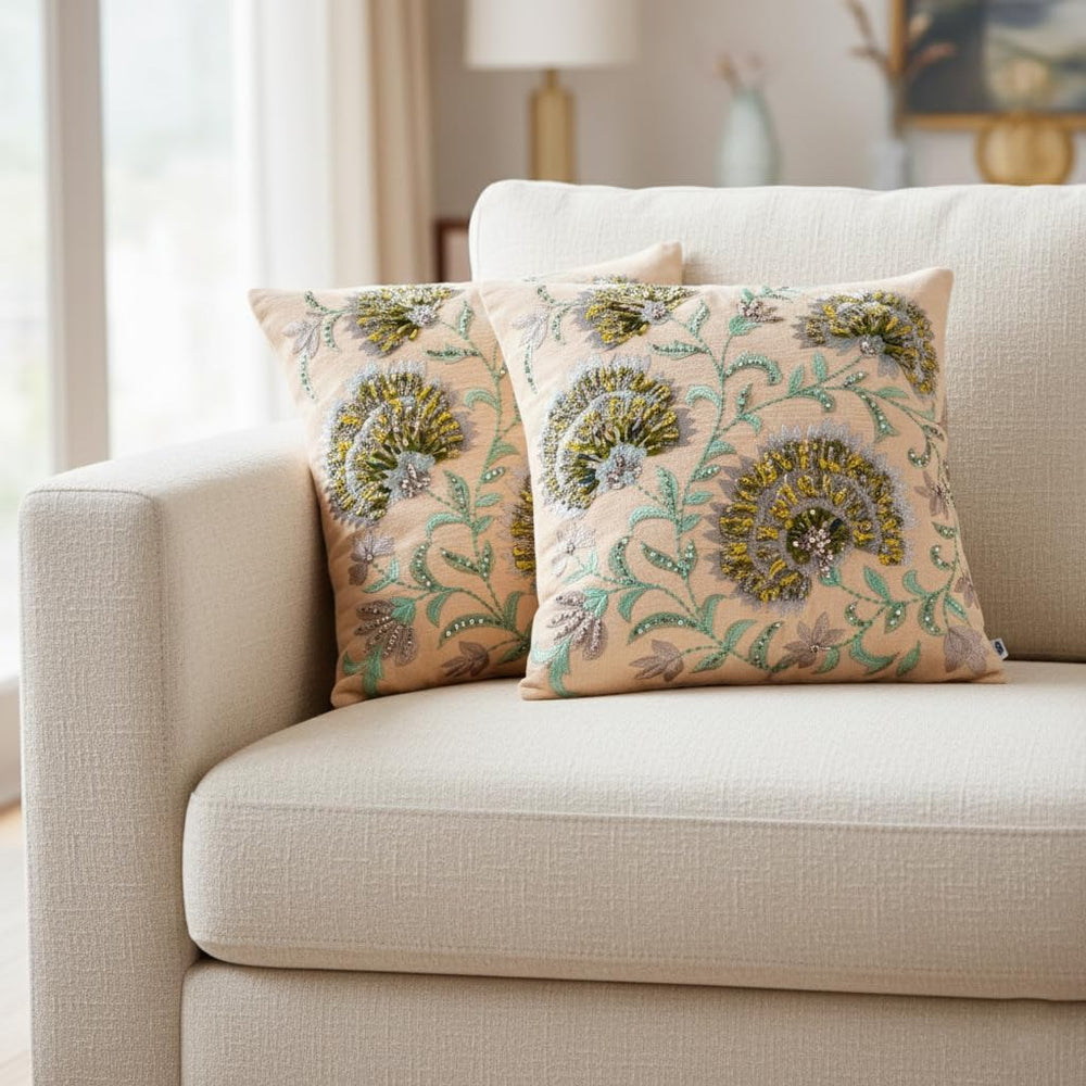 ZOMI Embroidered Patchwork Throw Pillow Covers 18x18 Inch Set of 2 Beaded Flo...