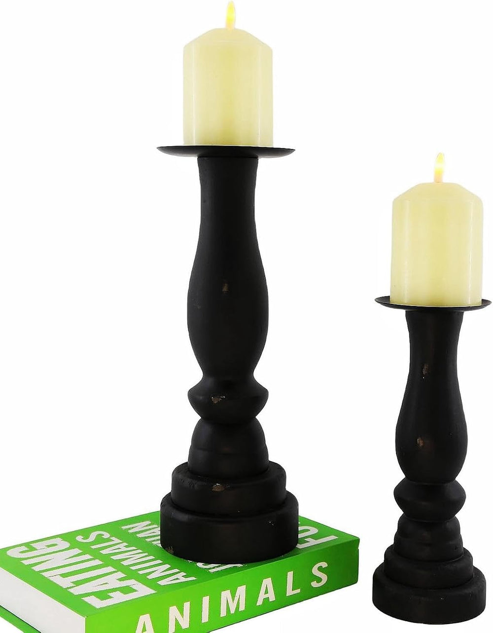 Black Worn Pillar Candle Holder - Rustic Wooden Farmhouse Candlestick Holders...