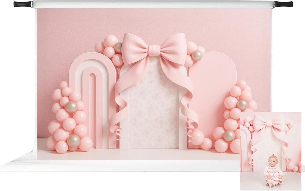 Kate Cake Smash Backdrop for Birthday Party Pink Bow Balloon Arch Background ...