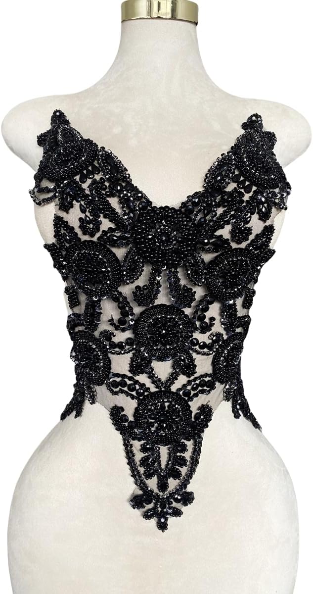 Pure Handmade Bodice lace Rhinestones Applique Sewing Stones Beads Crystal Tr...