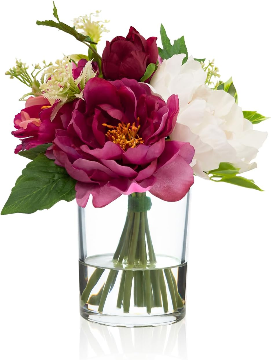 WELL KNOWN Artificial Flowers in Glass Vase with Fake Water, Silk Peony Flowe...