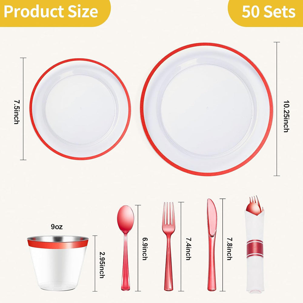 350 Pcs Clear Red Plastic Dinnerware Sets for Party for 50 Guests
