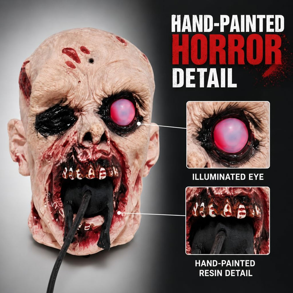 Realistic Zombie Head Sculpture - Halloween Horror Decor with Glowing LED Eye