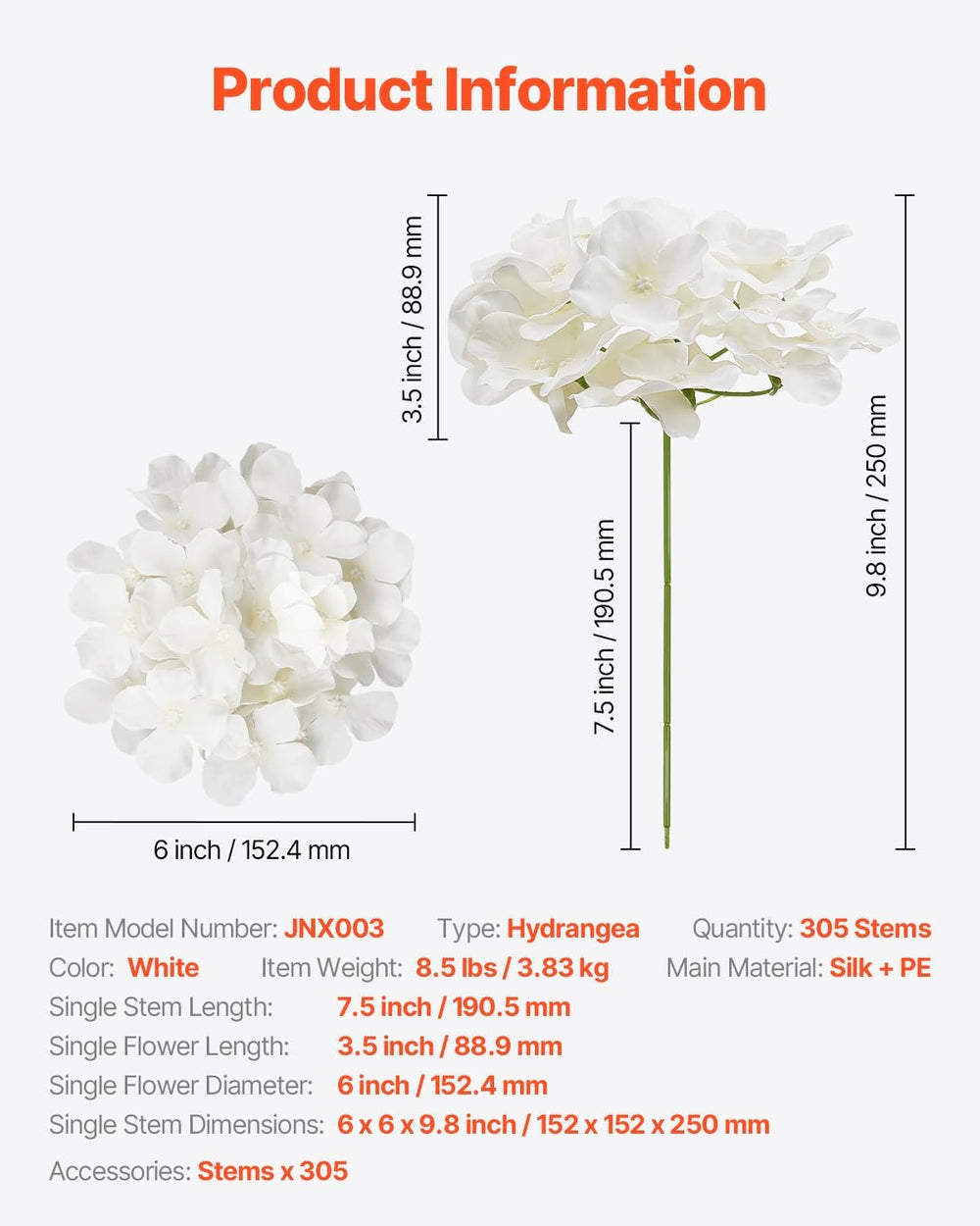 VEVOR Artificial Flowers, 305 pcs Real Looking Silk Fake Hydrangea Bulk