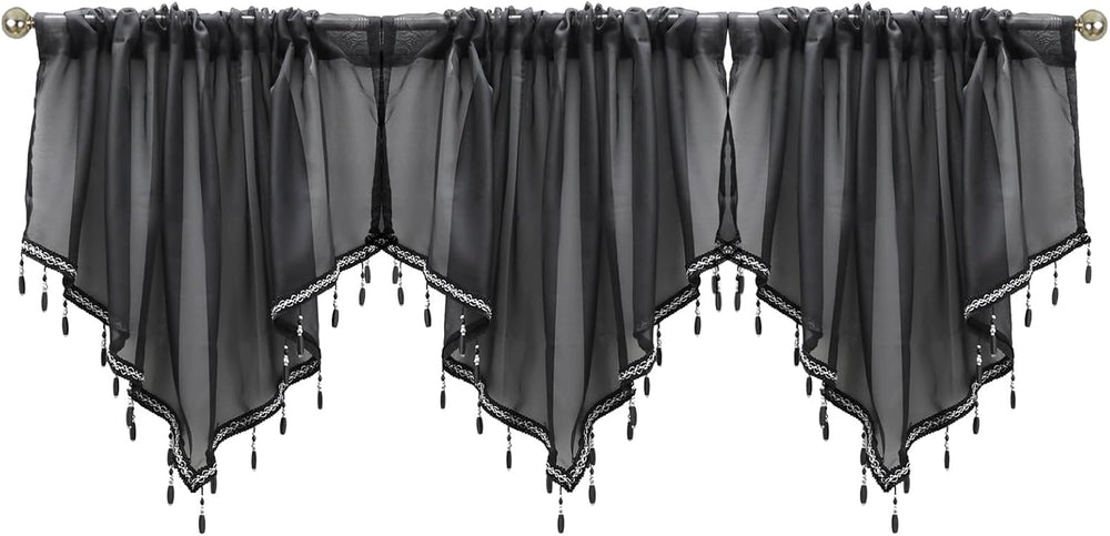 3 Pieces Black Beaded Sheer Valance with Rod Pocket Scalloped Window Curtains...