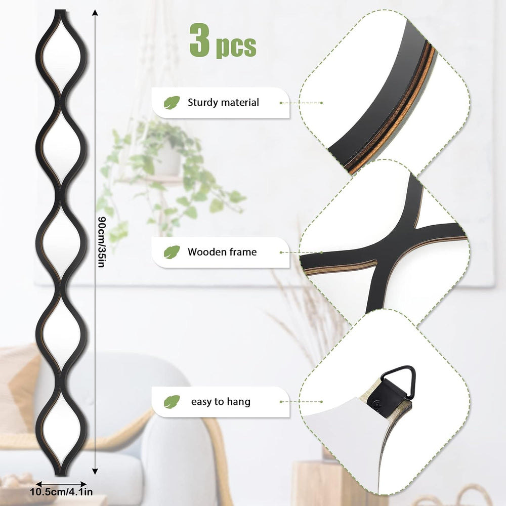 3 Pcs Teardrop Mirror Wall Decor, Narrow Acrylic Black Edge