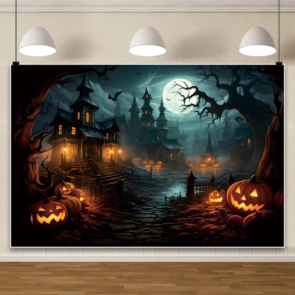 Leowefowa 12x8ft Halloween Photography Backdrop Horror Moon Night Pumpkin Lan...