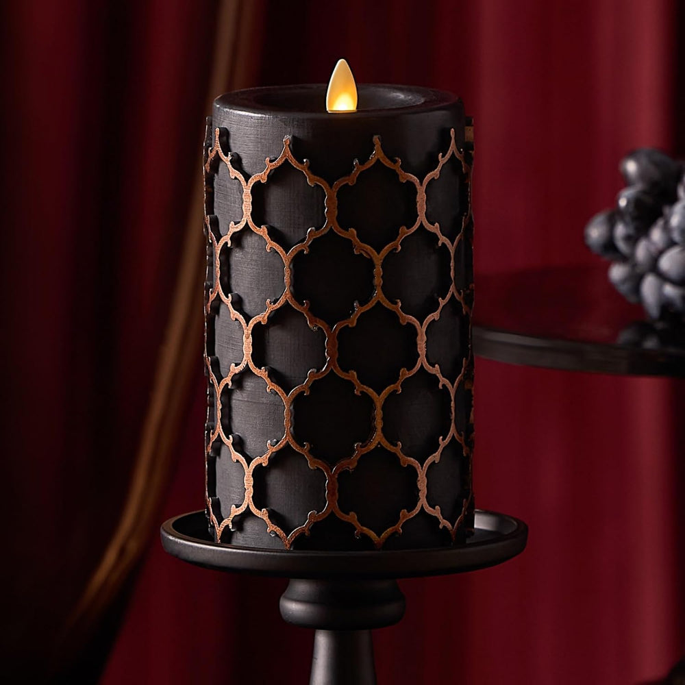 Luminara Fretwork Pillar Candle, Black 3.5" x 6.5", Real Wax LED