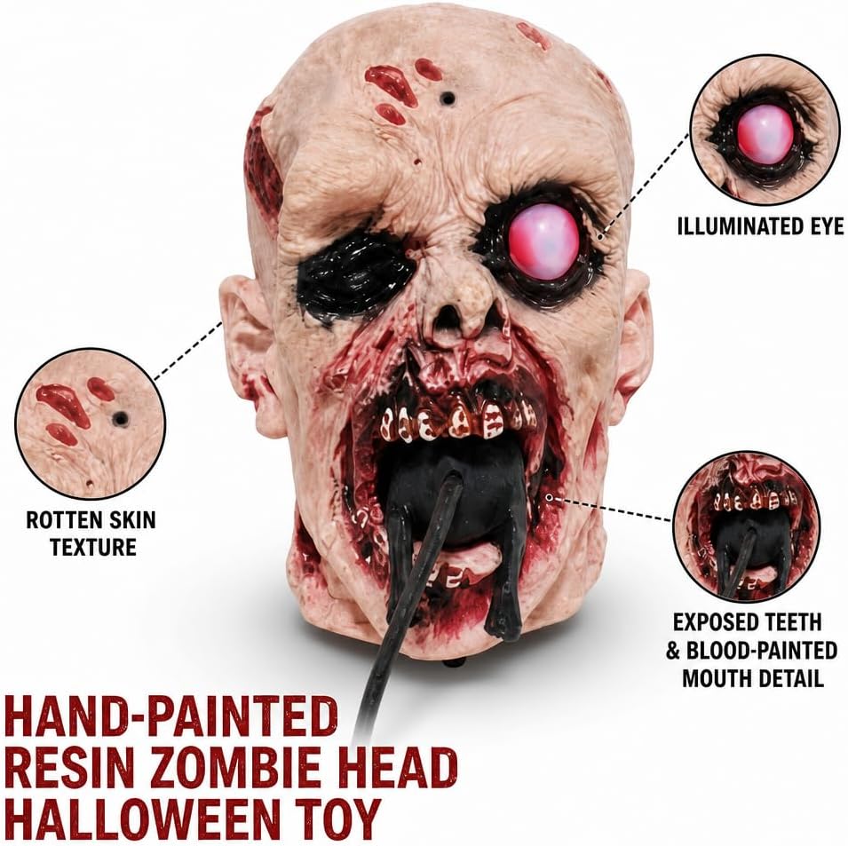 Realistic Zombie Head Sculpture - Halloween Horror Decor with Glowing LED Eye