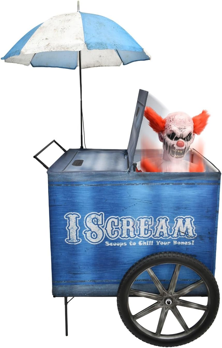 Haunted Hill Farm 6-Ft. I Scream Cart Clown Animatronic Scary Decoration