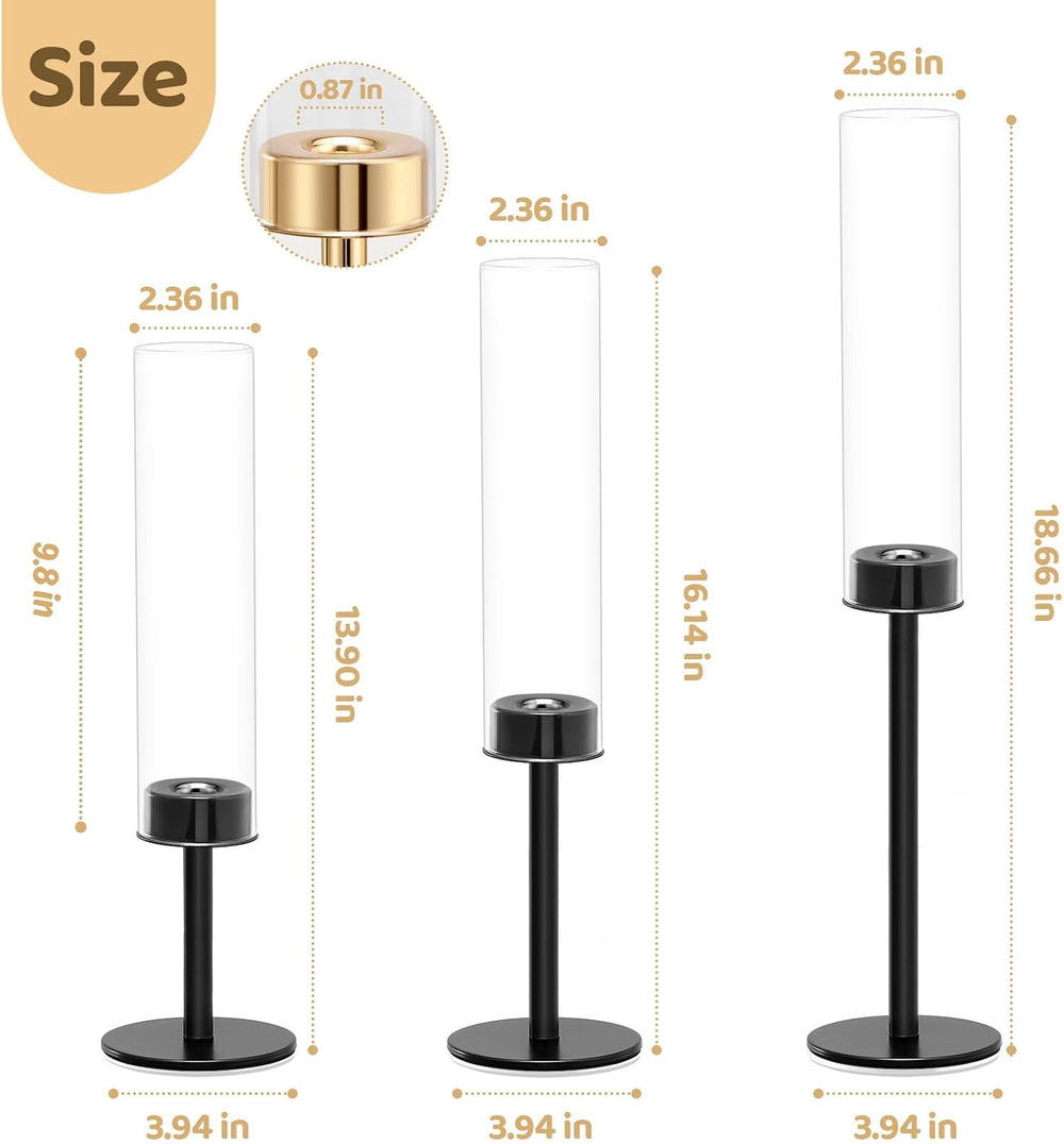 Black Hurricane Glass Candle Holders Set of 3 Tall Taper Candlestick Holder