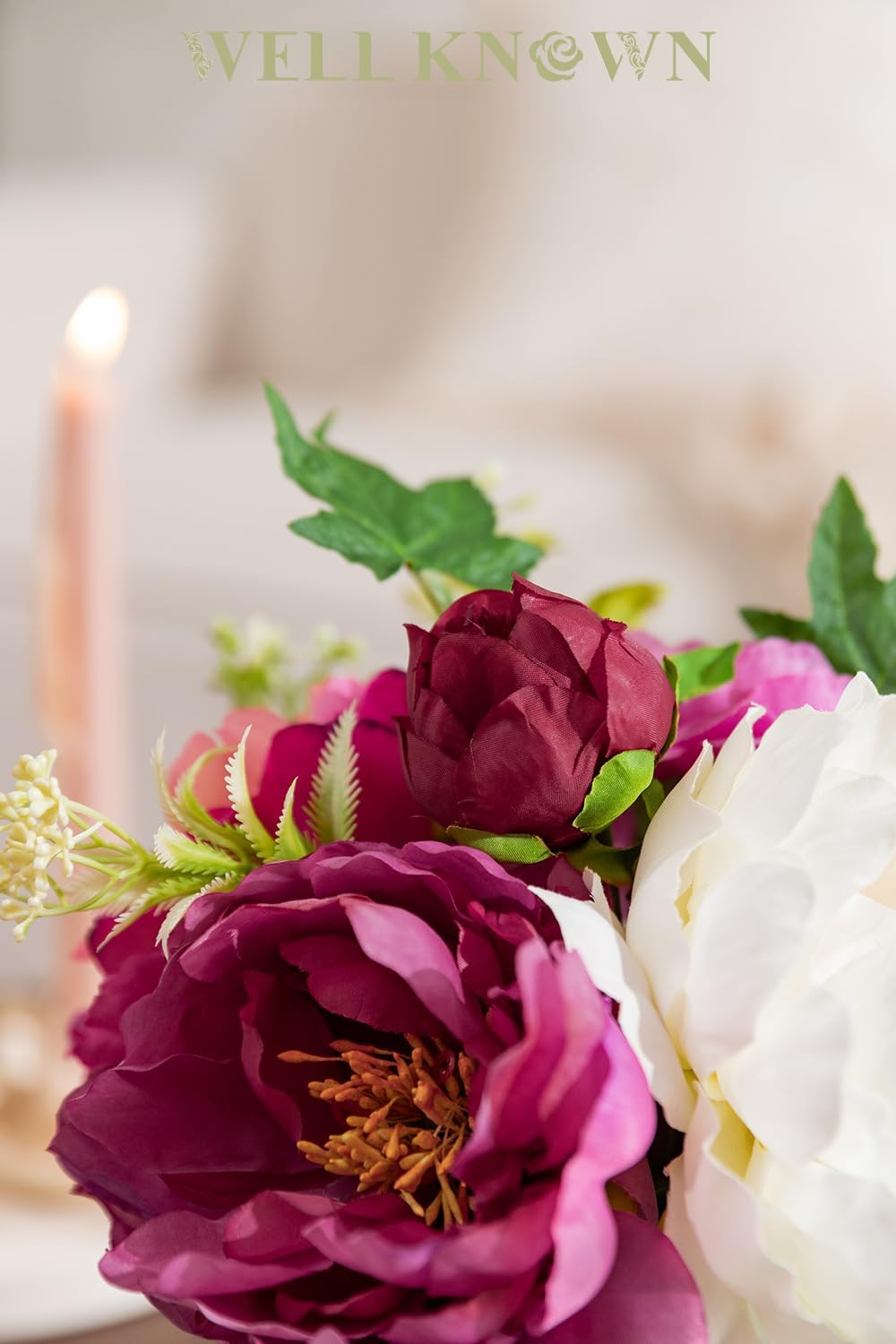 WELL KNOWN Artificial Flowers in Glass Vase with Fake Water, Silk Peony Flowe...