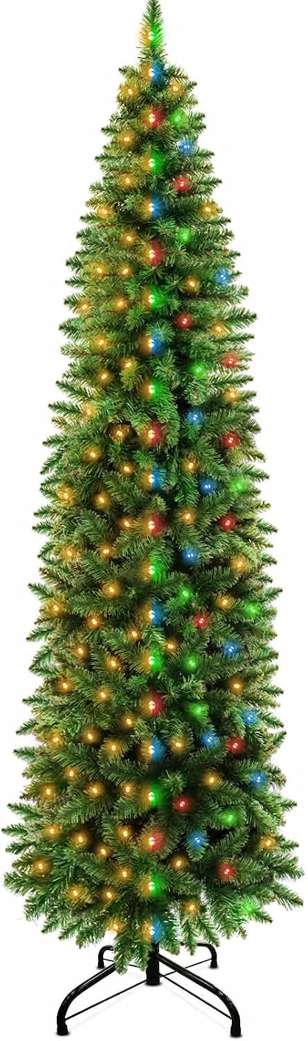 6Ft Prelit Pencil Christmas Tree with 240 Warm White&Colors Changing Lights