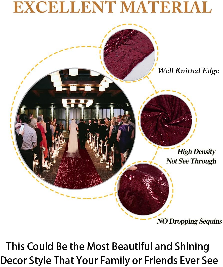 36" x15ft Burgundy Sequin Wedding Aisle Runner, Sparkling Decorative Car...