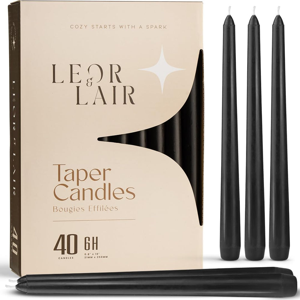Leor & Lair Black Taper Candles, 40 Pack, 10 Inch Bulk Candlesticks