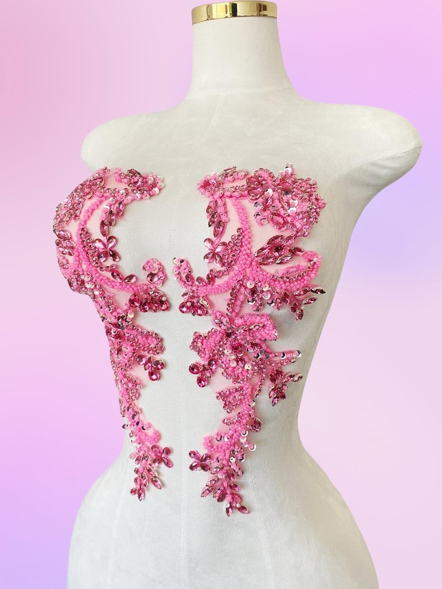 Handmade Rhinestones on Lace Applique Trim Sewing Beads Sequins Trim Patches ...
