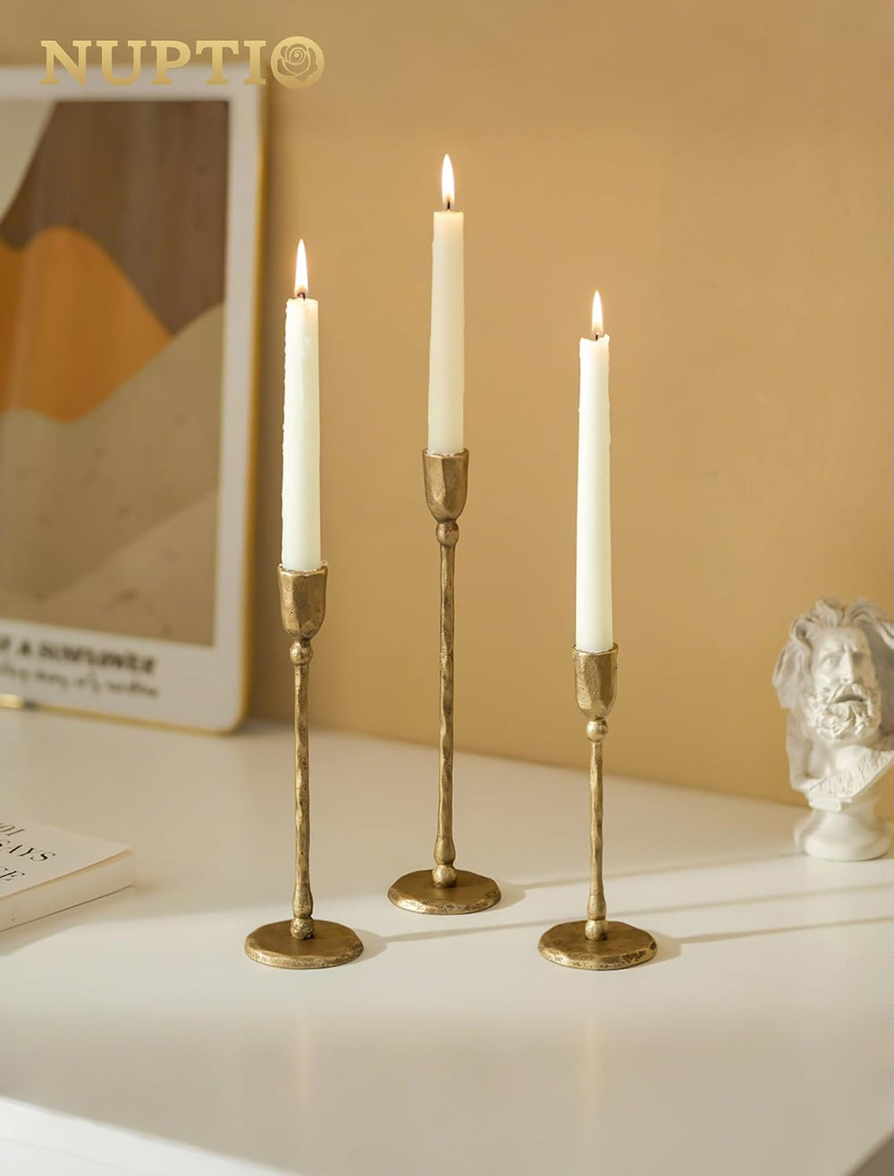 NUPTIO Iron Taper Candle Holders: Antique Brass Candlestick Holder Set of 3