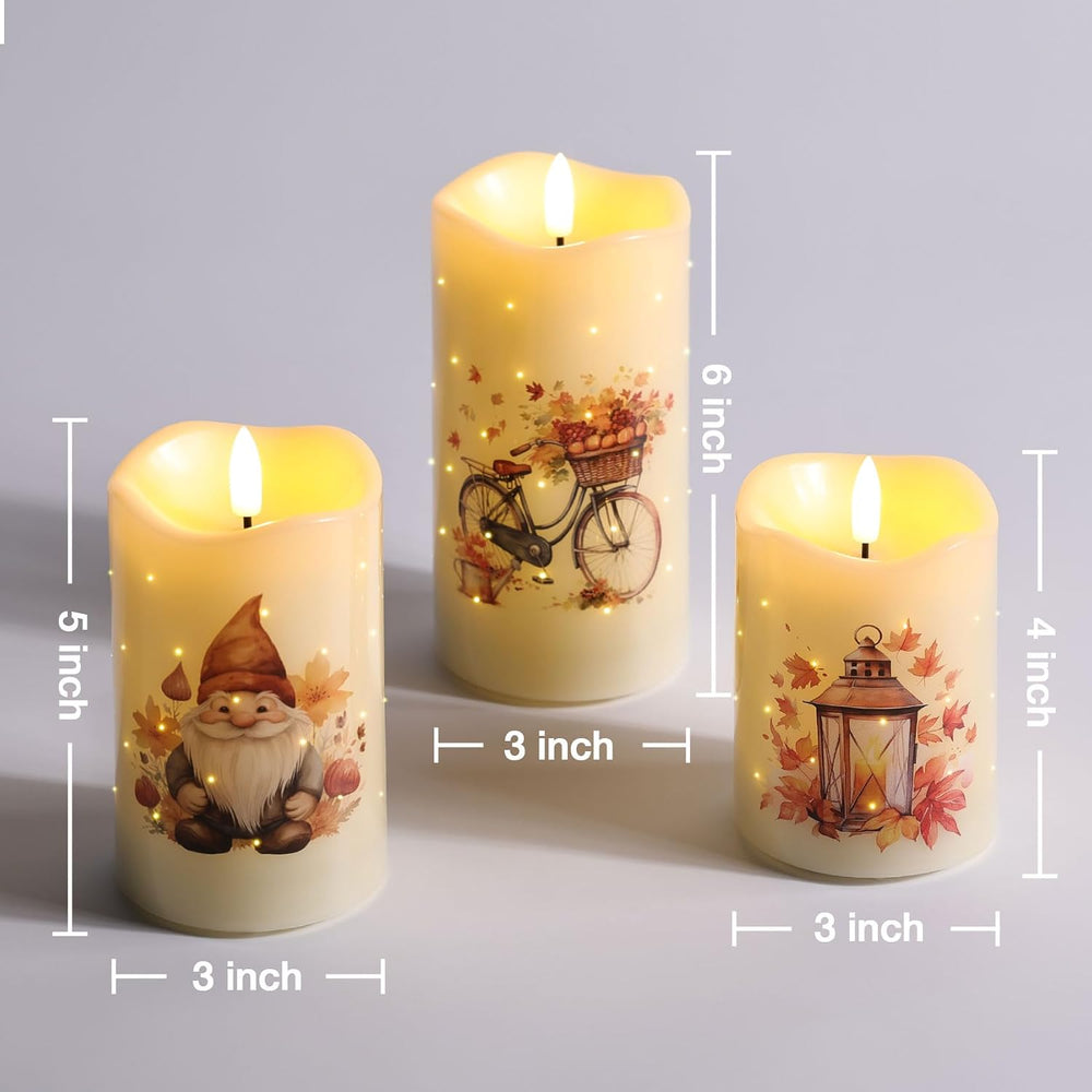 Fall Fiber Optic Flameless Pillar Candles with Remote Set of 3