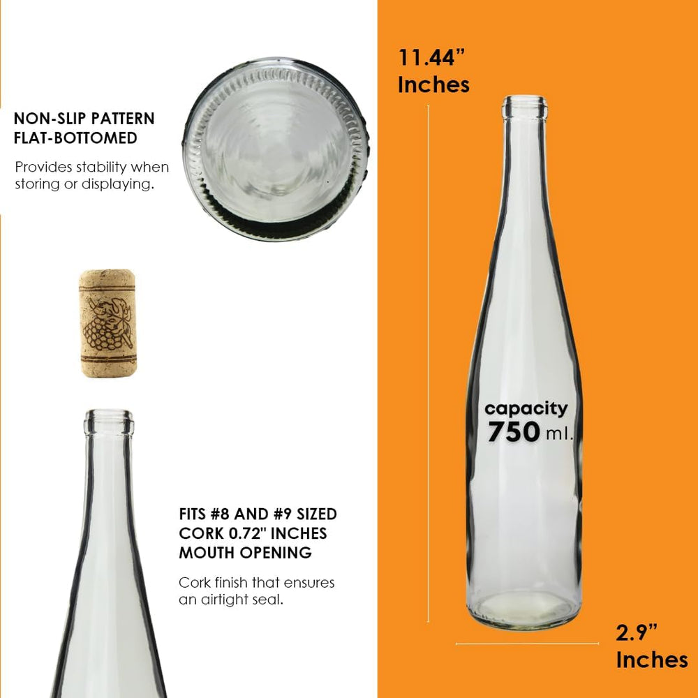 750ml Wine Bottles Clear, W13 Stretch Hock Riesling, 12-Pack - NO CORKS