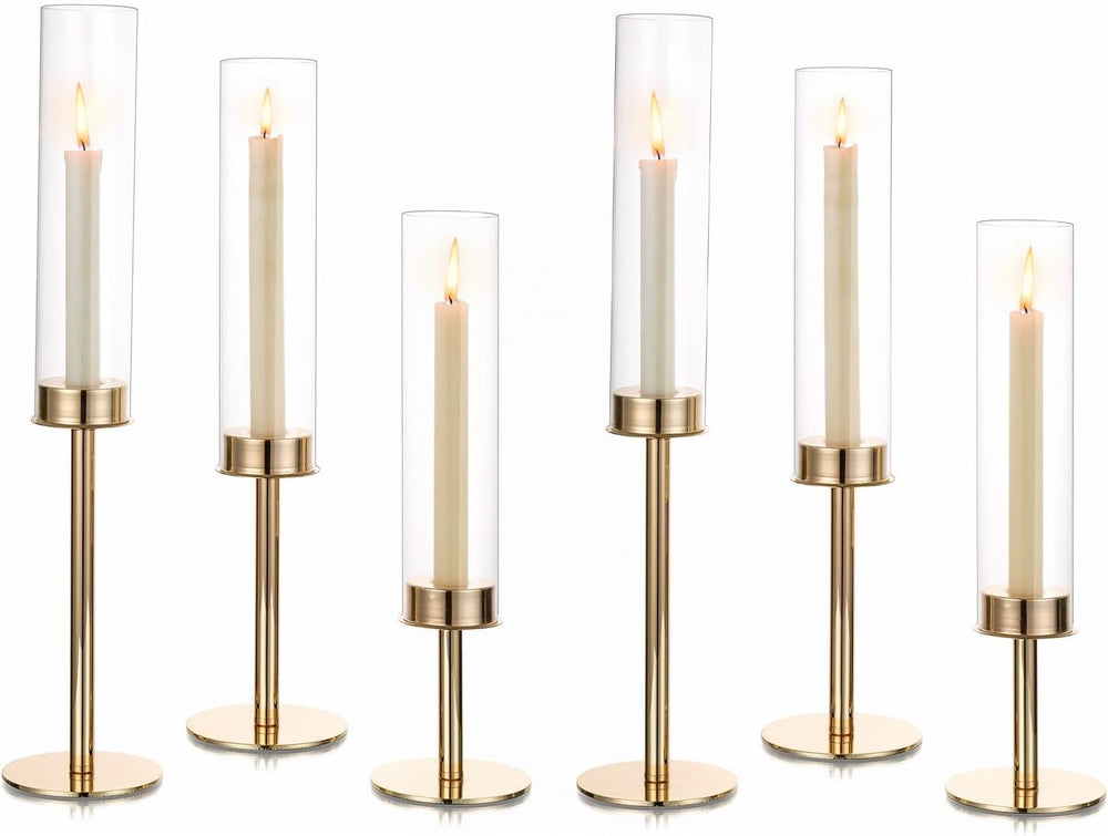 Hewory Gold Candlestick Holders: 6PCS Cylinder Glass Hurricane for Tapers