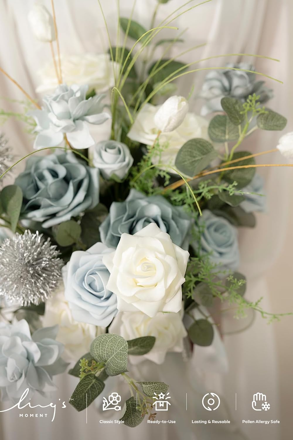 Ling's moment Artificial Wedding Flowers Combo, Dusty Blue & White, G...
