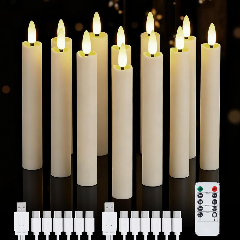 IMAGE 12 Pcs Rechargeable Flameless Taper Candles with Remote, 3D Wick Ivory ...