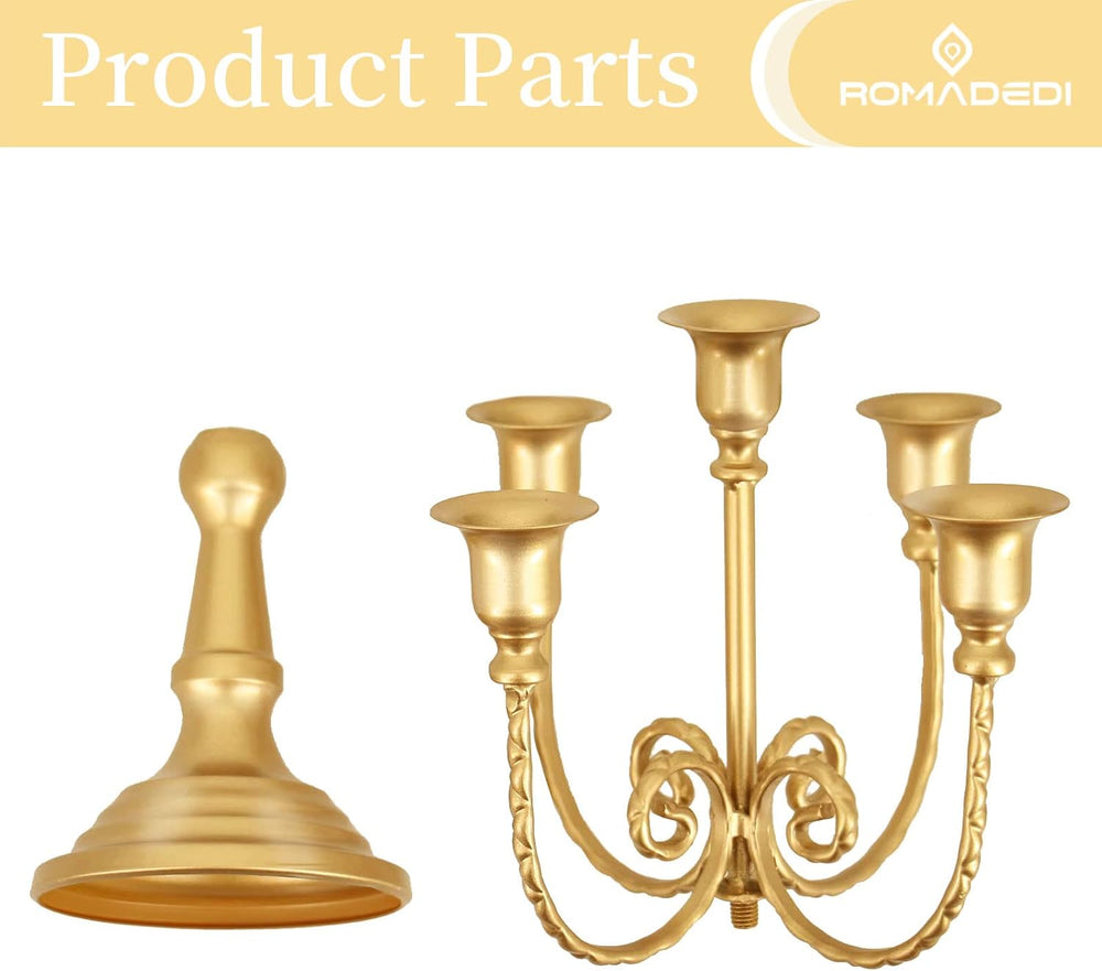 Romadedi Gold 5 Arm 11.8" Candelabra Candle Holders, Set of 2