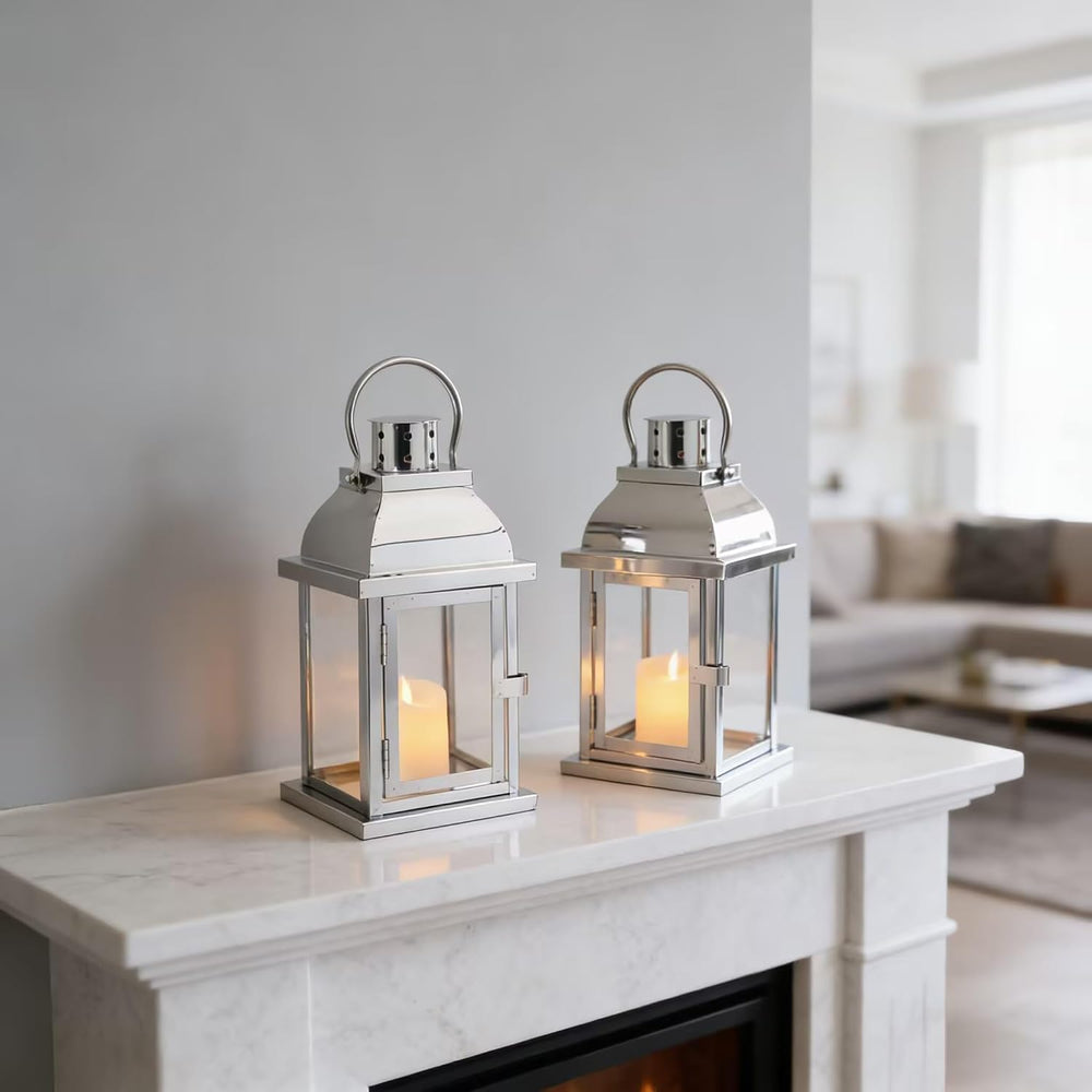 Set of 2 Decorative Metal Candle Lantern 10'' High(Silver)