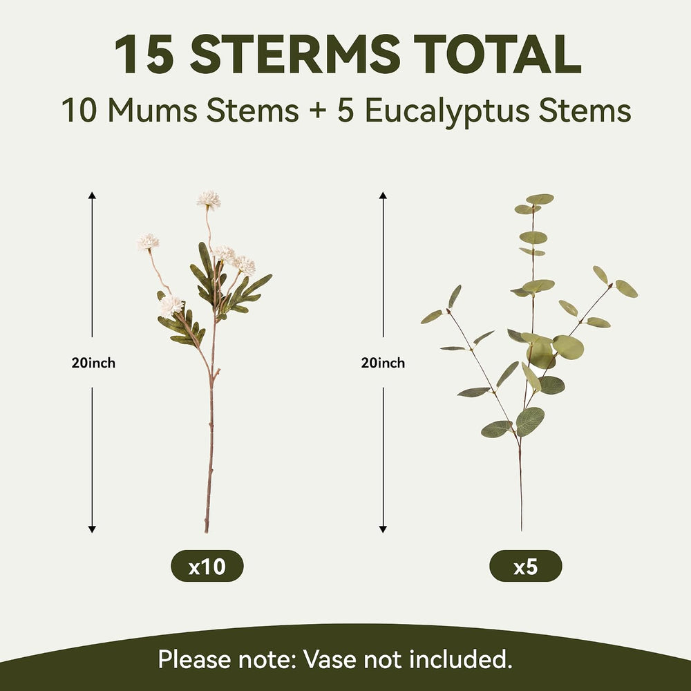15 Stems White Fake Mums & Eucalyptus Leaves Artificial Flowers