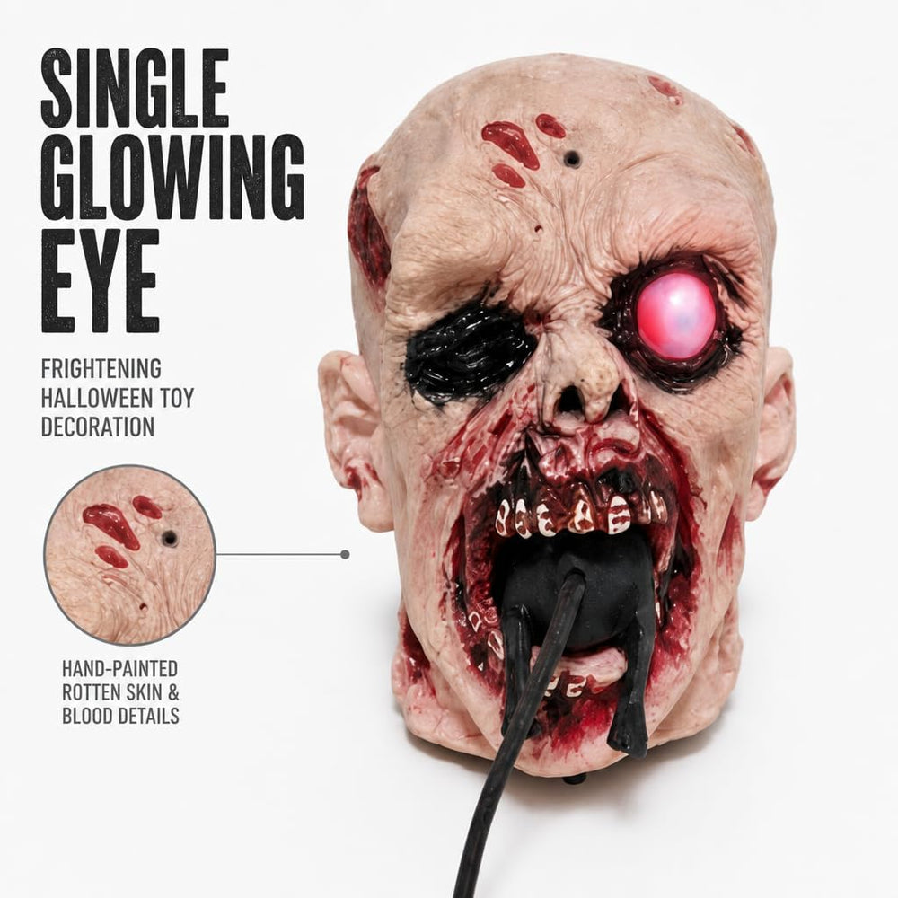Realistic Zombie Head Sculpture - Halloween Horror Decor with Glowing LED Eye