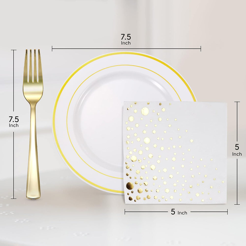 Gold Dessert Plates Set, 100 Wedding Cake Plates, Forks and Napkins, 7.5 In