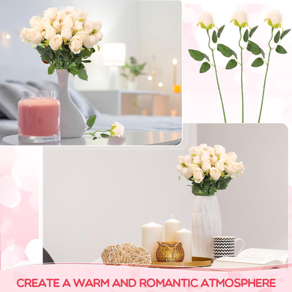 Jexine 50 Pcs Artificial Silk Roses Bulk with Long Stem,Beige Champagne