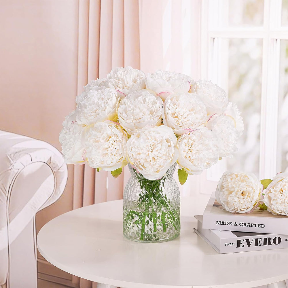 20 Heads Artificial Peonies Silk Flowers Bouquet Cream White