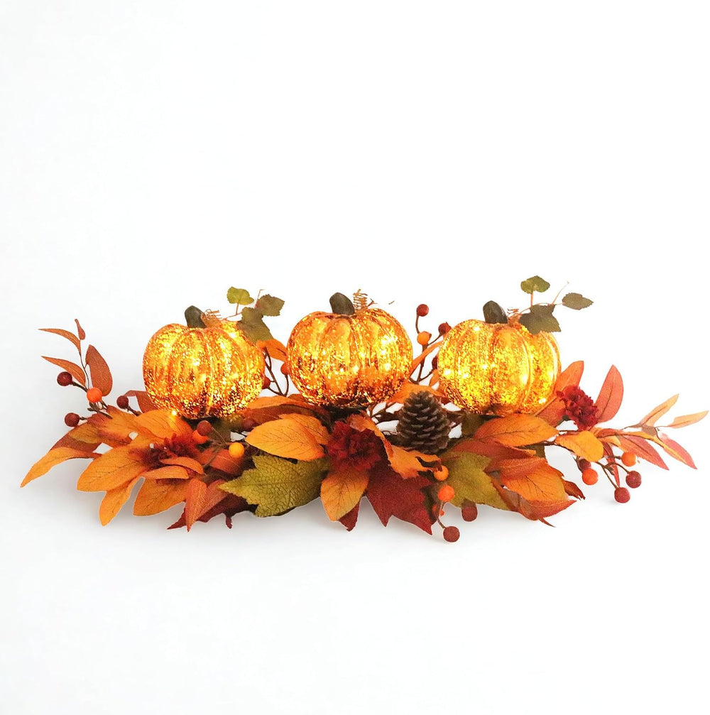 LED Lighted Pumpkin Fall Centerpiece with Maple Leaves, Berries & Pinecon...
