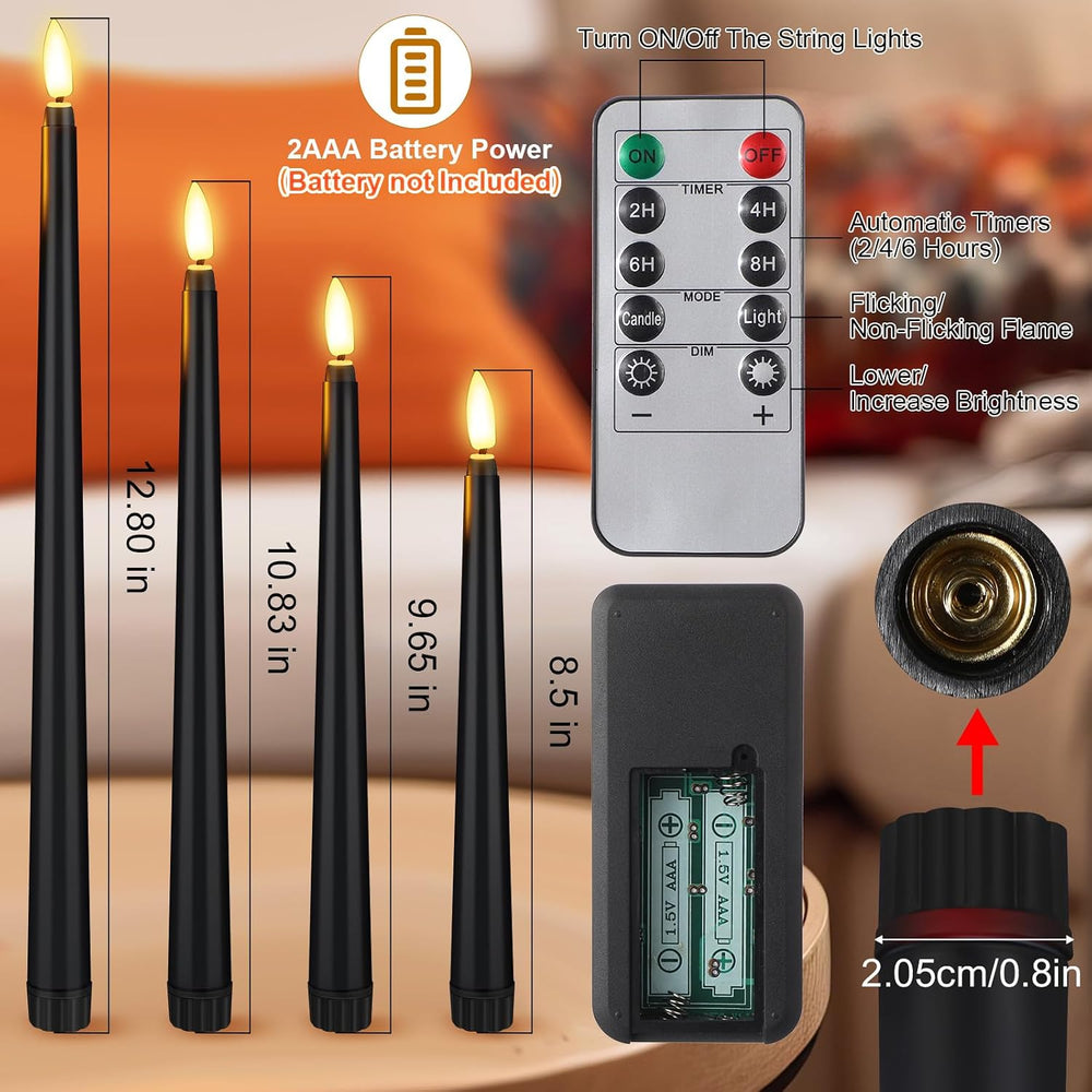 Rossesay 16 Pcs Black Flameless Taper Candle with Remote Timer
