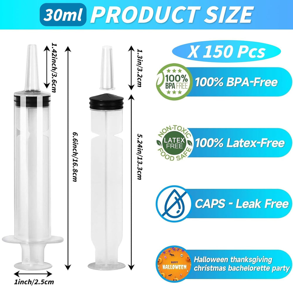 30ml Jello Shot Syringes 150 Pack with Tip Cap Adults Party Liquid Syringe