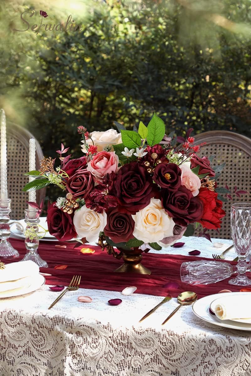 Burgundy Artificial Flowers Combo, Silk Rose Flowers for Wedding