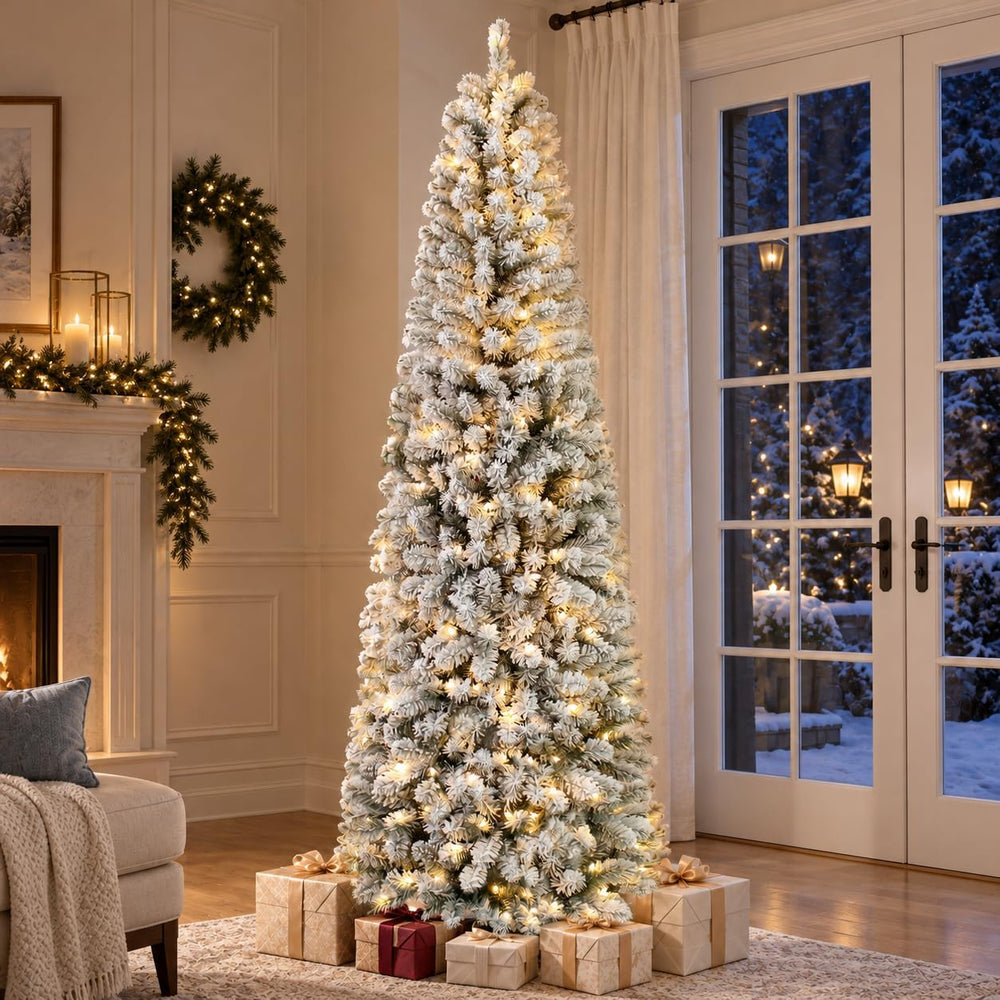 7ft Prelit Slim Pencil Flocked Artificial Christmas Tree-WarmWhite