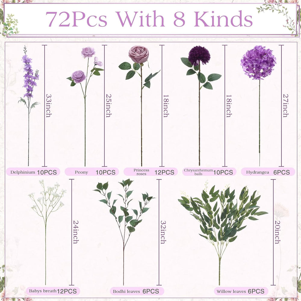 72 Pcs Purple Artificial Flowers Bouquet Set 8 Kind with Long Stem