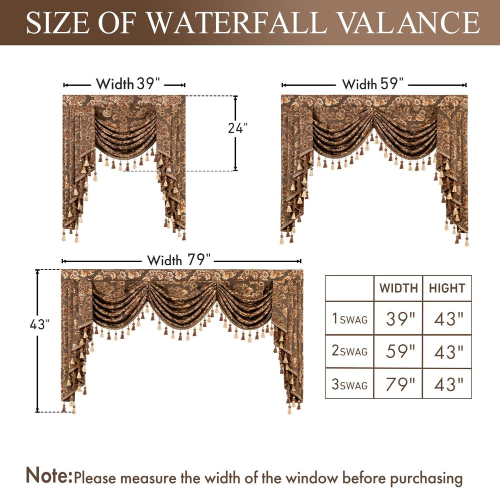 Luxury Waterfall Valance - 79-Inch Extra Wide Swag with Damask Pattern, Coffe...